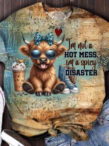 Cow Im Not A Hot Mess Im A Spicy Disaster Print T-Shirt