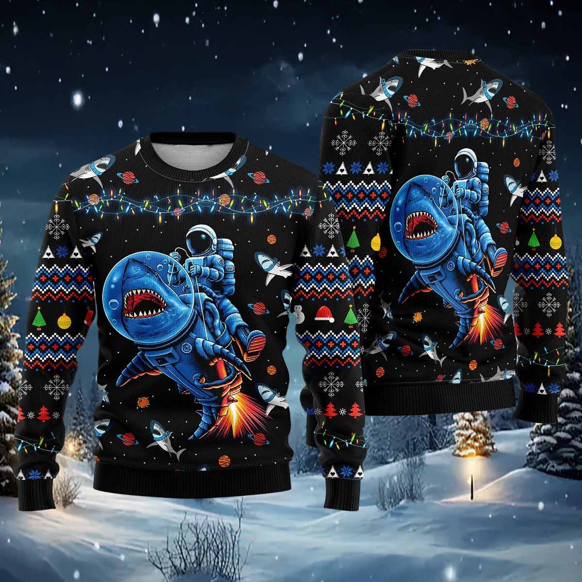 Funny Astronauts Ride A Shark In Space With The Planet Ugly Christmas Sweater Funny Astronauts Ride A Shark In Space With The Planet Ugly Christmas Sweater