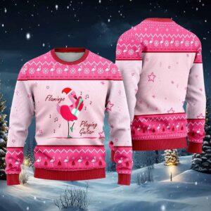 Funny Flamingo Playing Guitar Ugly Christmas Sweater Funny Flamingo Playing Guitar Ugly Christmas Sweater