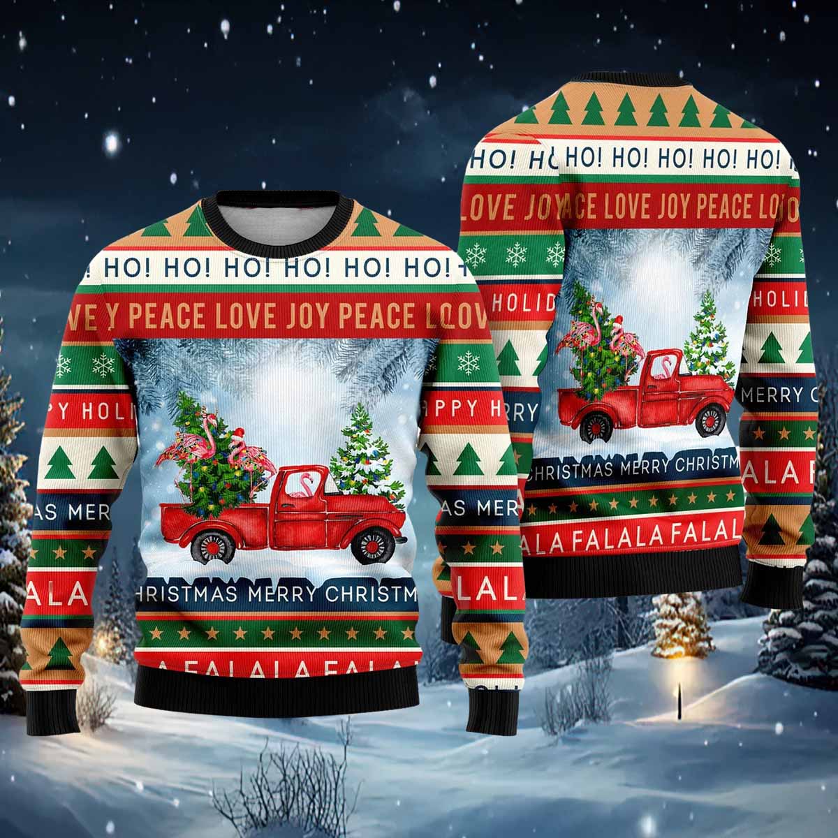 Funny Flamingo With Red Truck Christmas Holiday Ugly Christmas Sweater Funny Flamingo With Red Truck Christmas Holiday Ugly Christmas Sweater