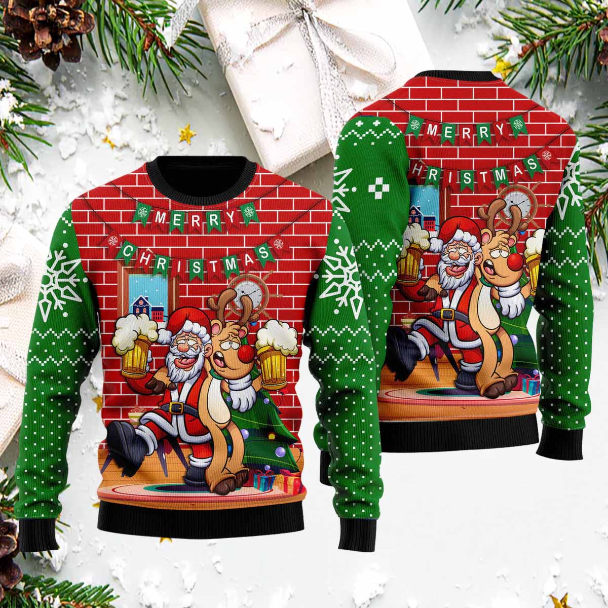 Funny Santa Drink Beer With Reindeer Ugly Christmas Sweater Funny Santa Drink Beer With Reindeer Ugly Christmas Sweater