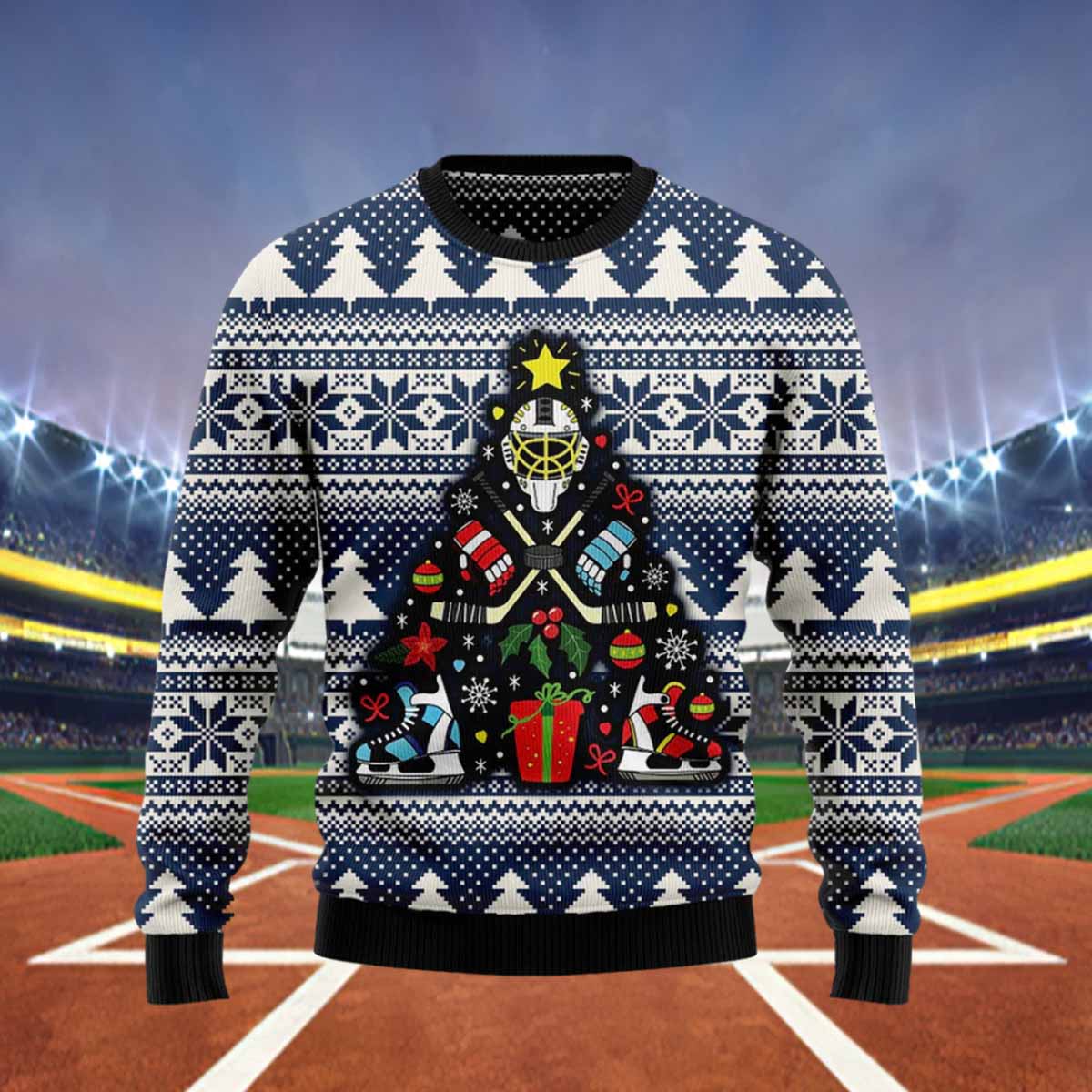 Hockey Christmas Tree Funny Blue Ugly Sweater Hockey Christmas Tree Funny Blue Ugly Sweater