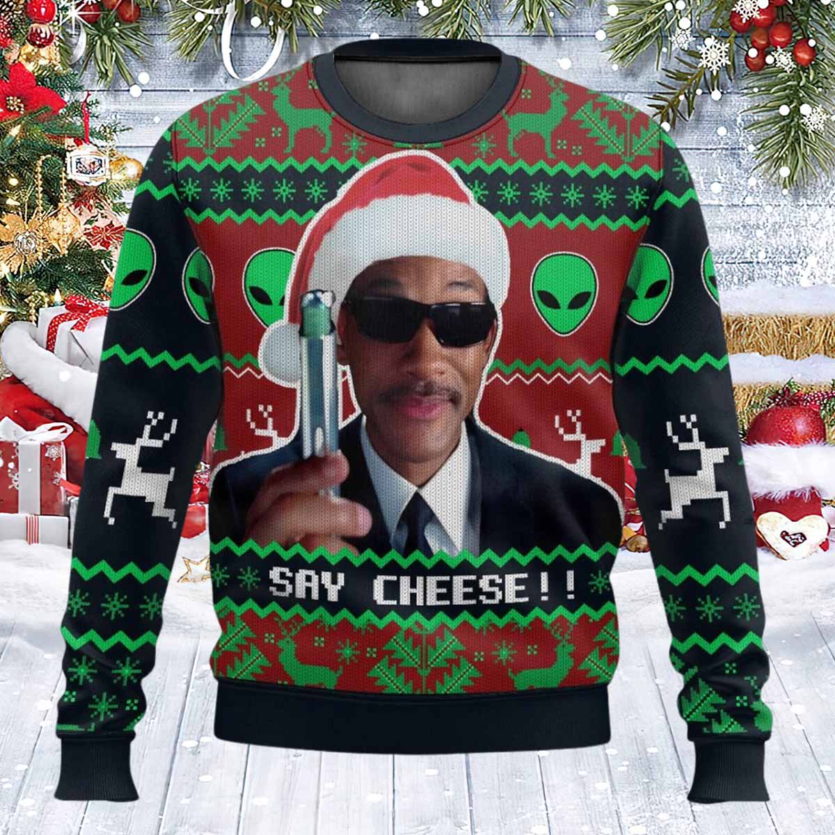 Men In Black Say Cheese Christmas Ugly Sweater Men In Black Say Cheese Christmas Ugly Sweater