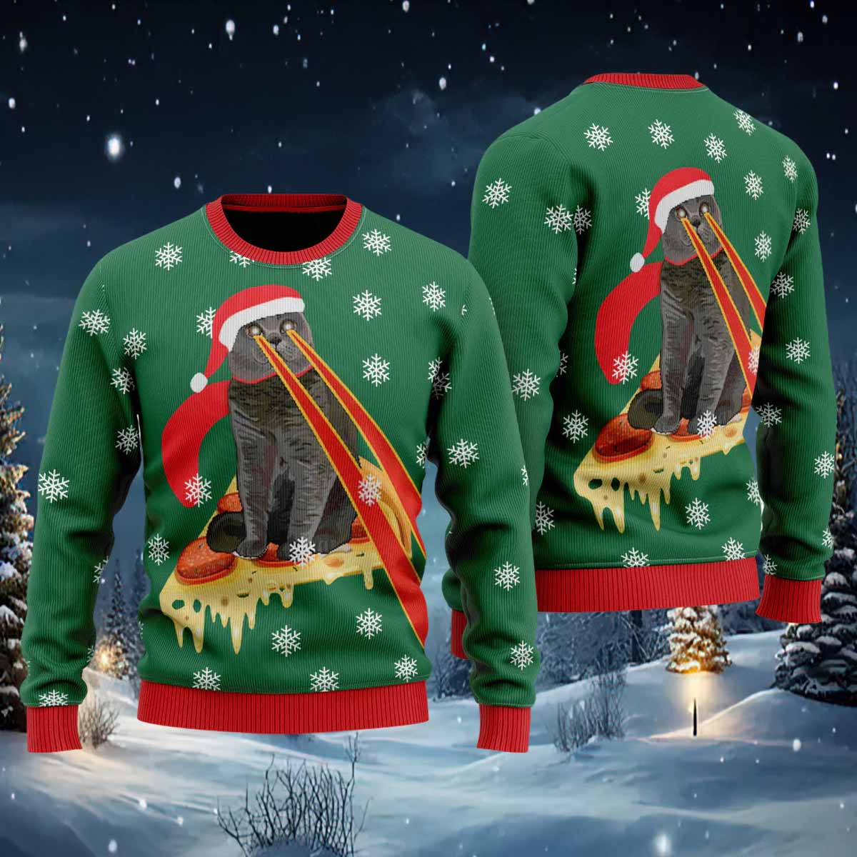 Pizza Cat With Laser Eyes Ugly Christmas Sweater Pizza Cat With Laser Eyes Ugly Christmas Sweater