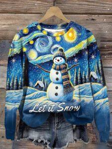 Retro Christmas Starry Night Snowman Let It Snow Print Sweatshirt