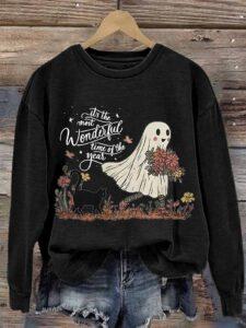 Retro Halloween Ghost Cat It’s Most Wonderful Time Of The Year Print Sweatshirt Retro Halloween Ghost Cat It’s Most Wonderful Time Of The Year Print Sweatshirt