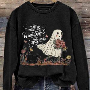 Retro Halloween Ghost Cat It's Most Wonderful Time Of The Year Print Sweatshirt