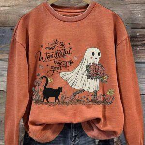 Retro Halloween Ghost Cat It's Most Wonderful Time Of The Year Print Sweatshirt
