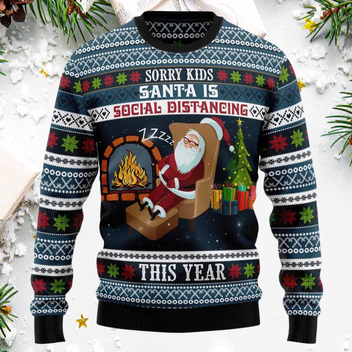 Santa Is Social Distancing Ugly Christmas Sweater Santa Is Social Distancing Ugly Christmas Sweater
