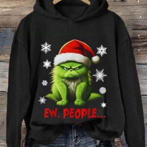 Women’s Christmas Ew People Green Cat Print Hoodie