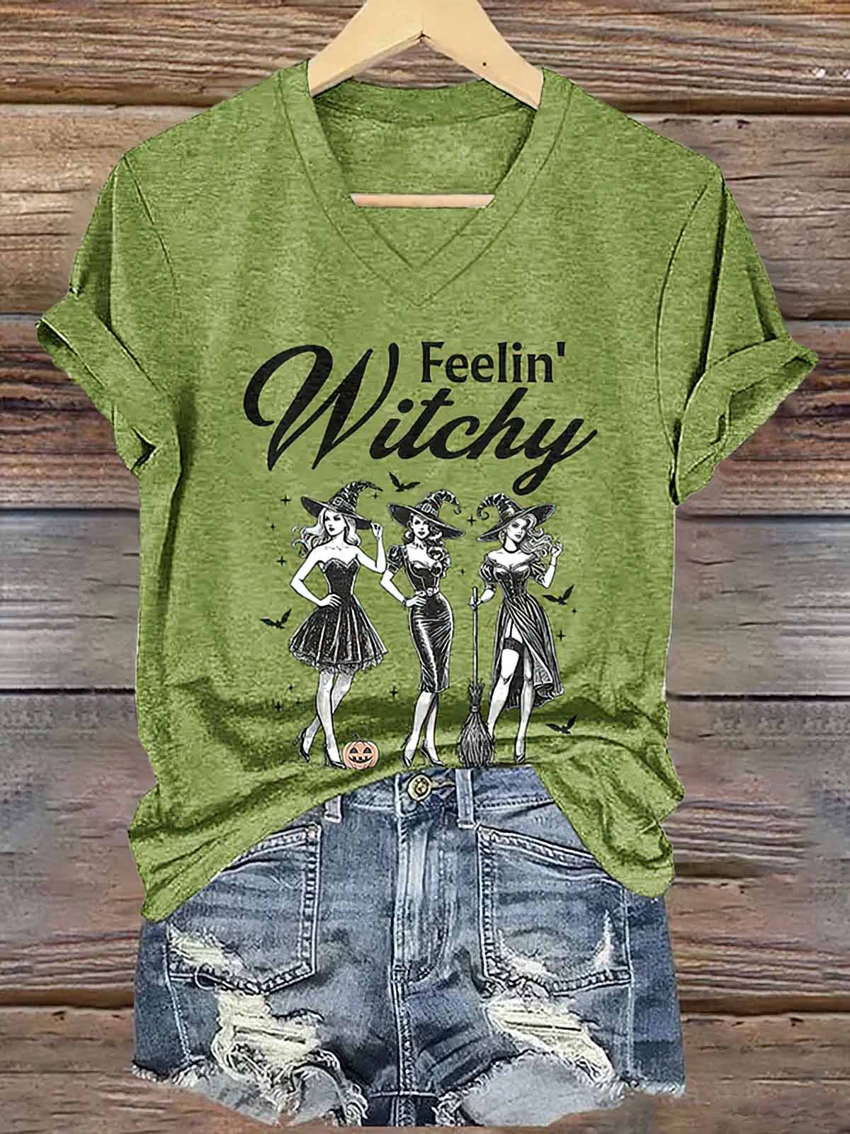 Women's Feelin Witchy Halloween Shirt Women's Feelin Witchy Halloween V-Neck Shirt