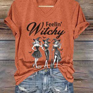 Women's Feelin Witchy Halloween V-Neck Shirt 1 Women's Feelin Witchy Halloween Shirt