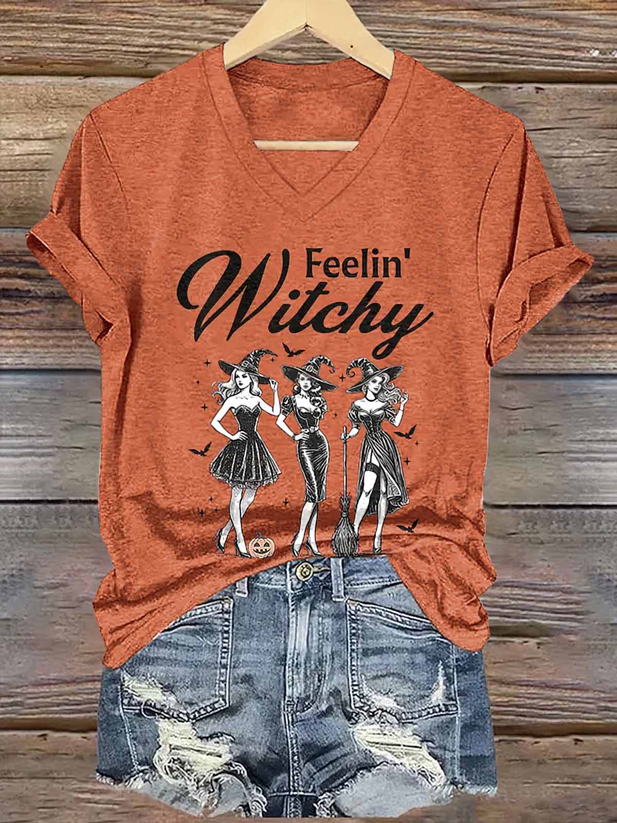 Women’s Feelin Witchy Halloween V-Neck Shirt Women’s Feelin Witchy Halloween V-Neck Shirt