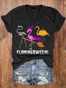 Women’s Funny Flamingoween Halloween Casual V-Neck Shirt