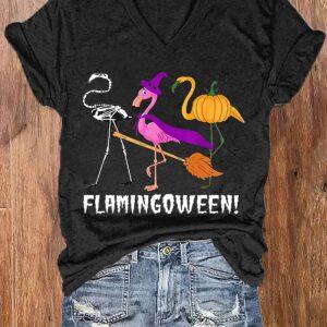 Women's Funny Flamingoween Halloween Casual V Neck Shirt