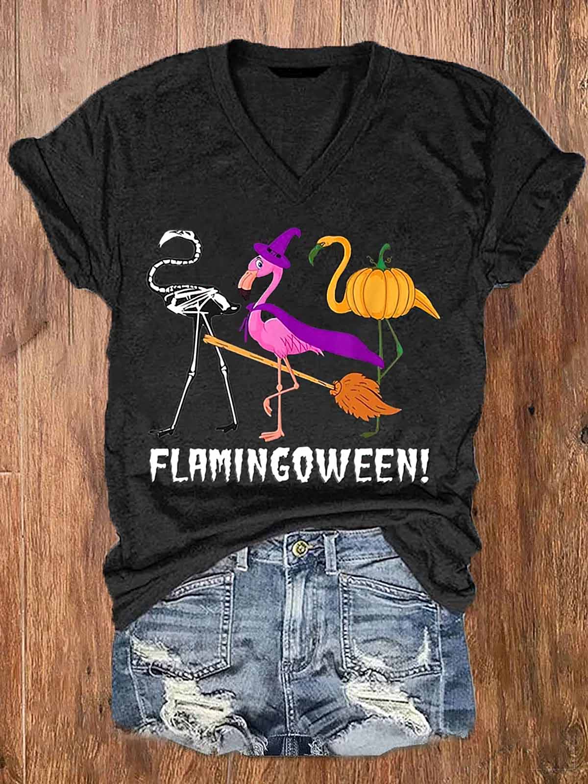 Women's Funny Flamingoween Halloween Casual V Neck Shirt Women's Funny Flamingoween Halloween Casual V-Neck Shirt