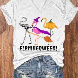 Women's Funny Flamingoween Halloween Casual V-Neck Shirt 1 Women's Funny Flamingoween Halloween Casual V Neck Shirt