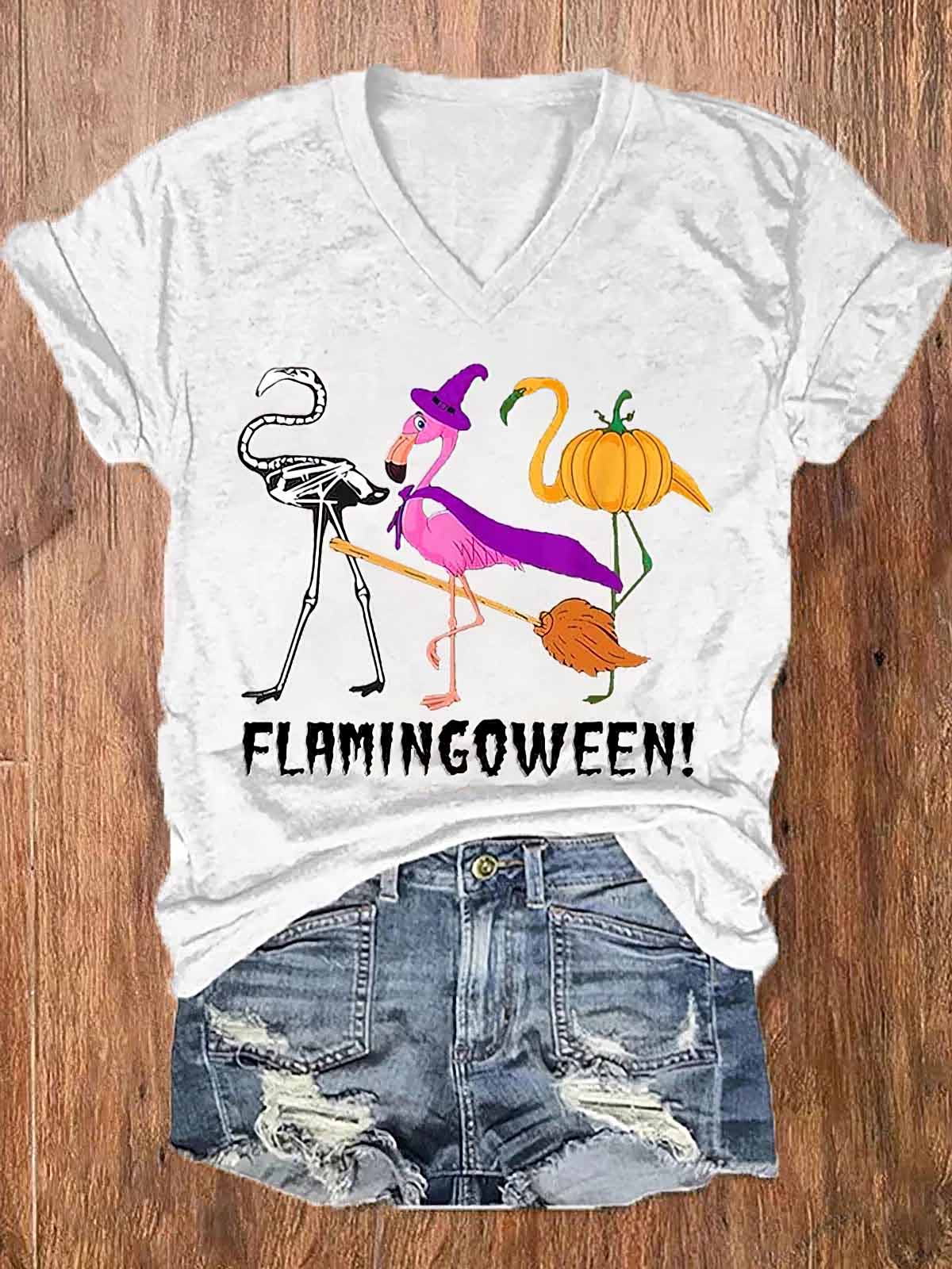 Women’s Funny Flamingoween Halloween Casual V-Neck Shirt Women’s Funny Flamingoween Halloween Casual V-Neck Shirt
