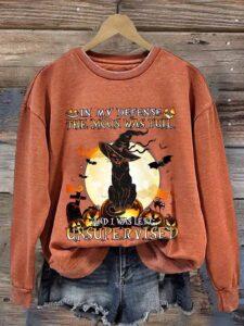 Women’s Halloween In My Defense The Moon Was Full Print Casual Sweatshirt Women’s Halloween In My Defense The Moon Was Full Print Casual Sweatshirt