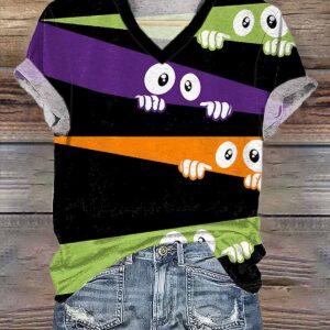 Women’s Halloween Peep Monster Print Casual Shirt