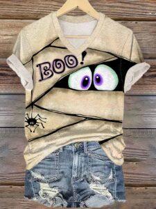 Women’s Halloween Peep Monster Print Casual V-Neck T-Shirt