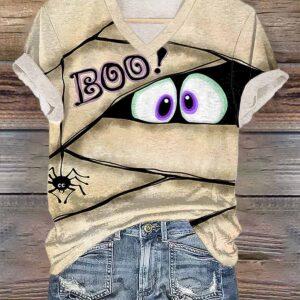 Women’s Halloween Peep Monster Print Casual V-Neck T-Shirt