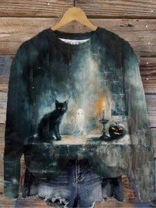 Women’s Halloween Witch Black Cat Printed Sweatshirt