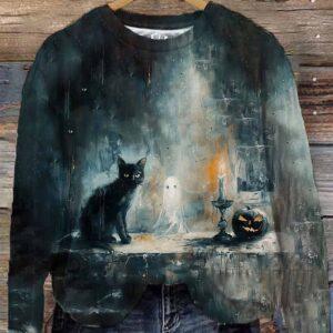 Women’s Halloween Witch Black Cat Printed Sweatshirt