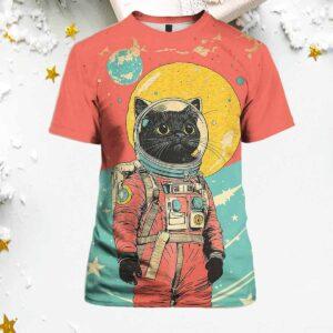 Black Cat Astronaut Color Block Art Print Casual Shirt