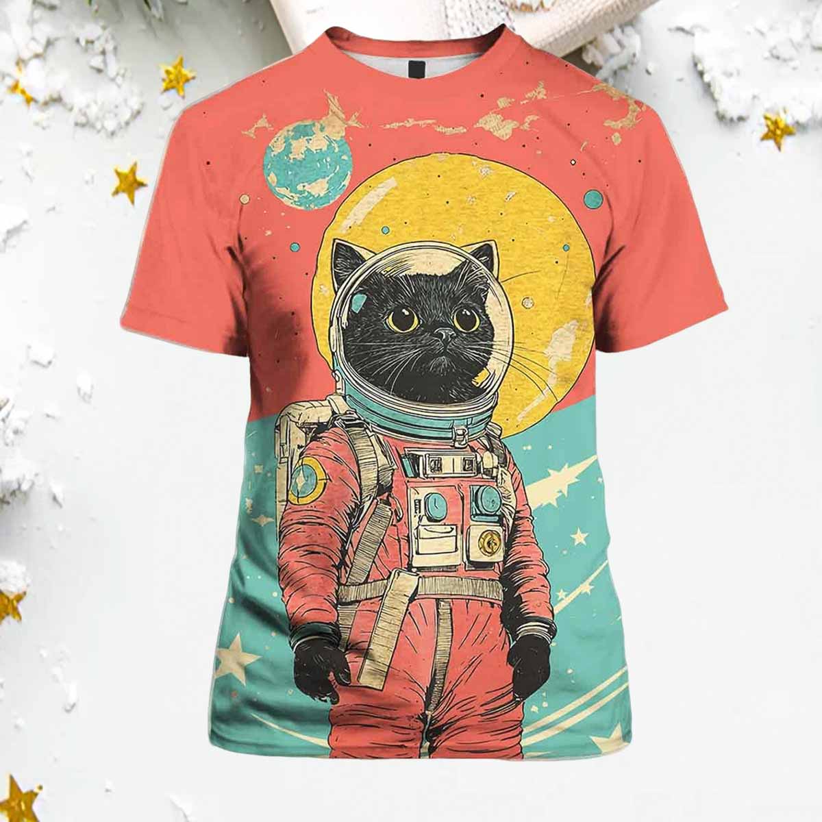 Black Cat Astronaut Color Block Art Print Casual Shirt Black Cat Astronaut Color Block Art Print Casual Shirt