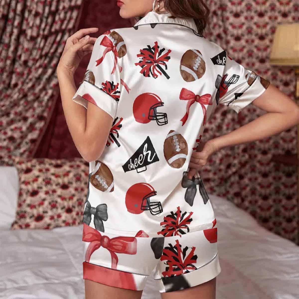 Cheer Football Coquette Bows Satin Pajama Set Cheer Football Coquette Bows Satin Pajama Set