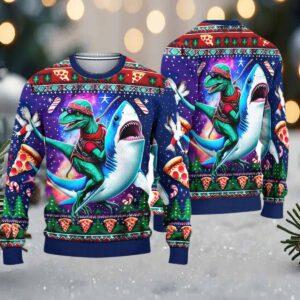 Dinosaur Riding Shark Christmas Ugly Sweater