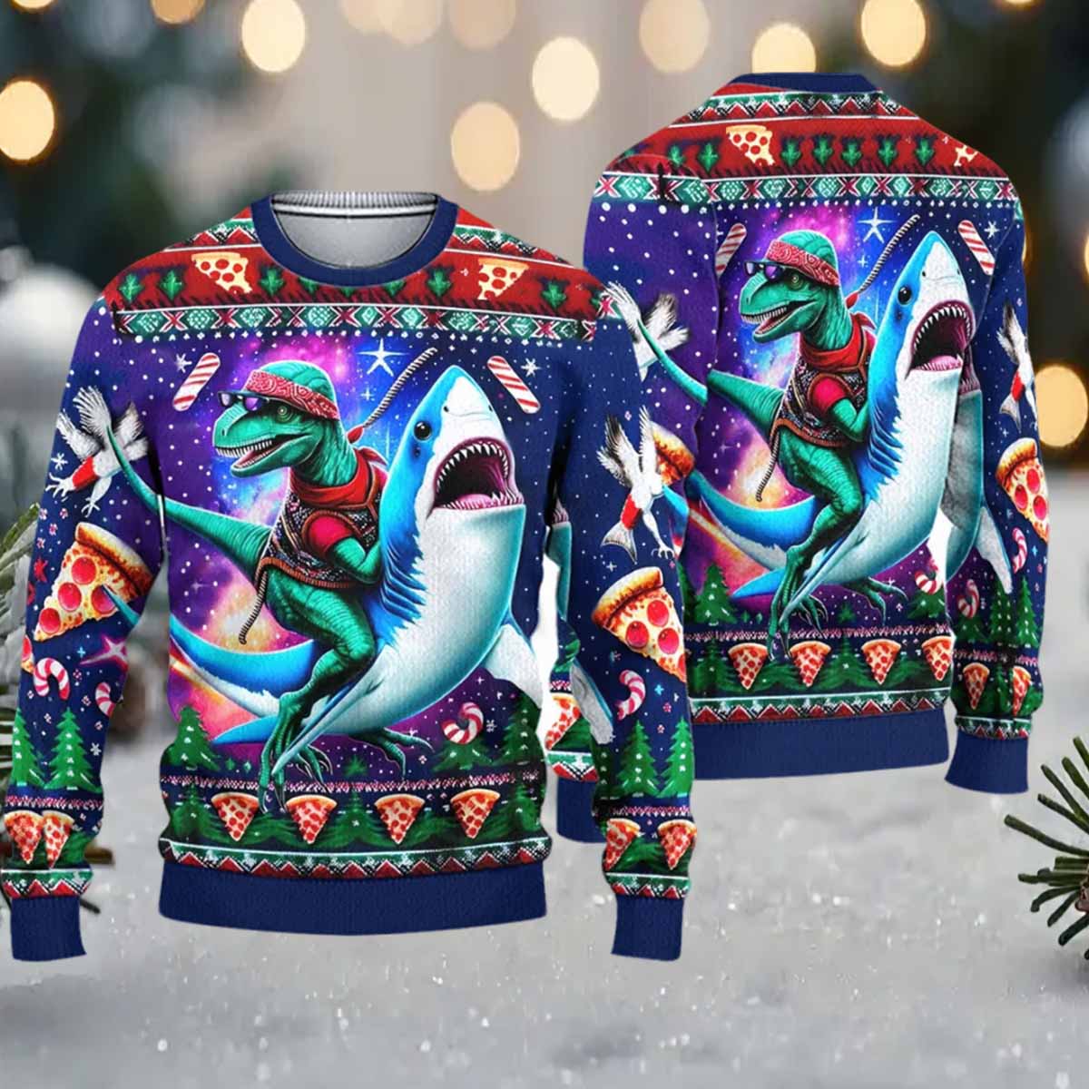 Dinosaur Riding Shark Christmas Ugly Sweater Dinosaur Riding Shark Christmas Ugly Sweater