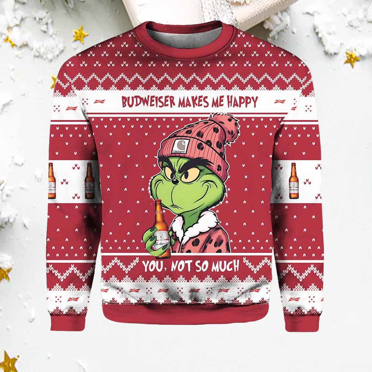 Grnch Budweiser Makes Me Happy Ugly Sweater Grnch Budweiser Makes Me Happy Ugly Sweater