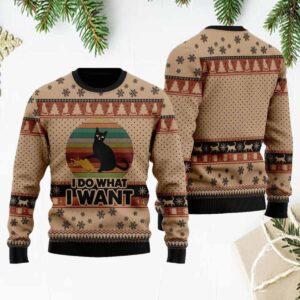 Retro Black Cat I Do What I Want Ugly Christmas Sweater