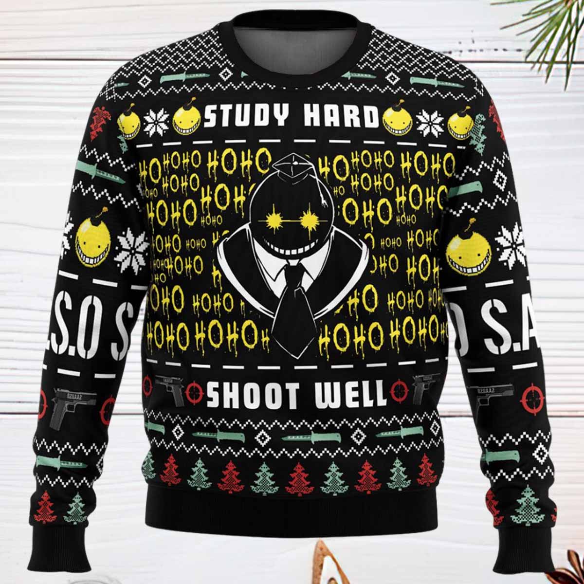 Study Hard Shoot Well Assassination Classroom Ugly Christmas Sweater Study Hard Shoot Well Assassination Classroom Ugly Christmas Sweater