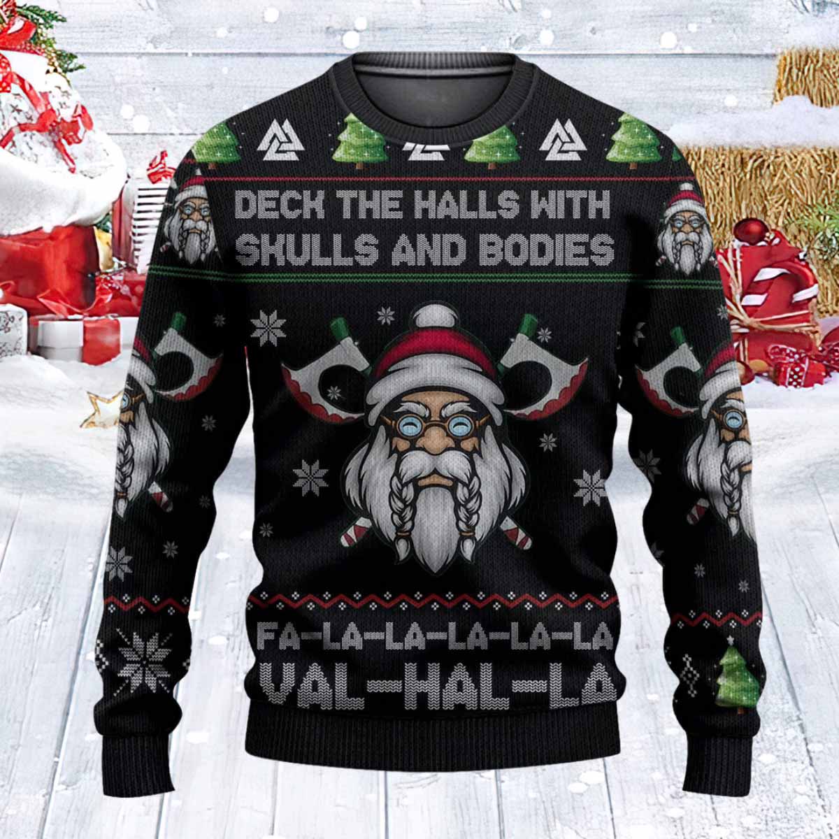 Viking Deck The Halls With Skulls And Bodies Ugly Christmas Sweater Viking Deck The Halls With Skulls And Bodies Ugly Christmas Sweater
