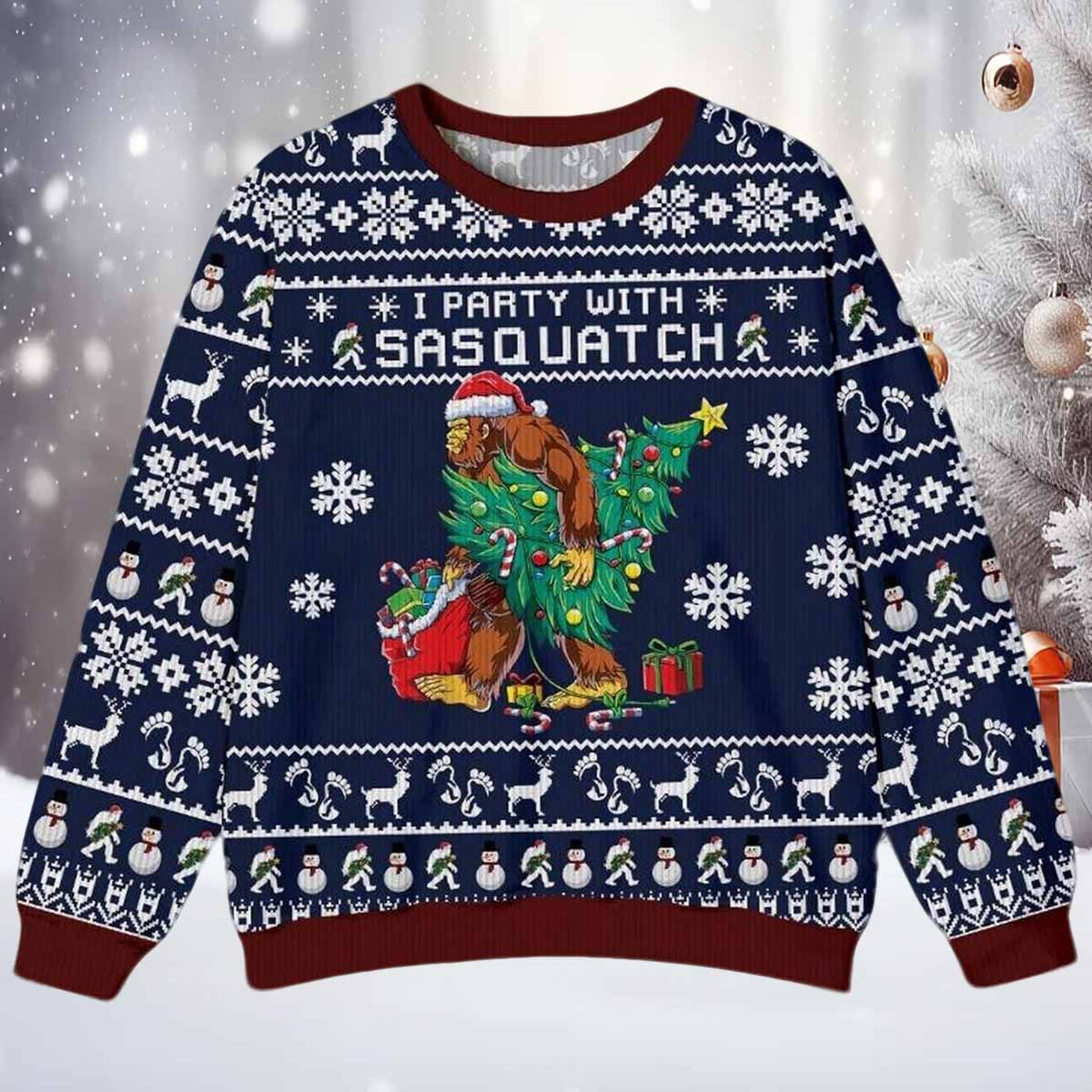 Bigfoot I Party With Sasquatch Ugly Christmas Sweater Bigfoot I Party With Sasquatch Ugly Christmas Sweater