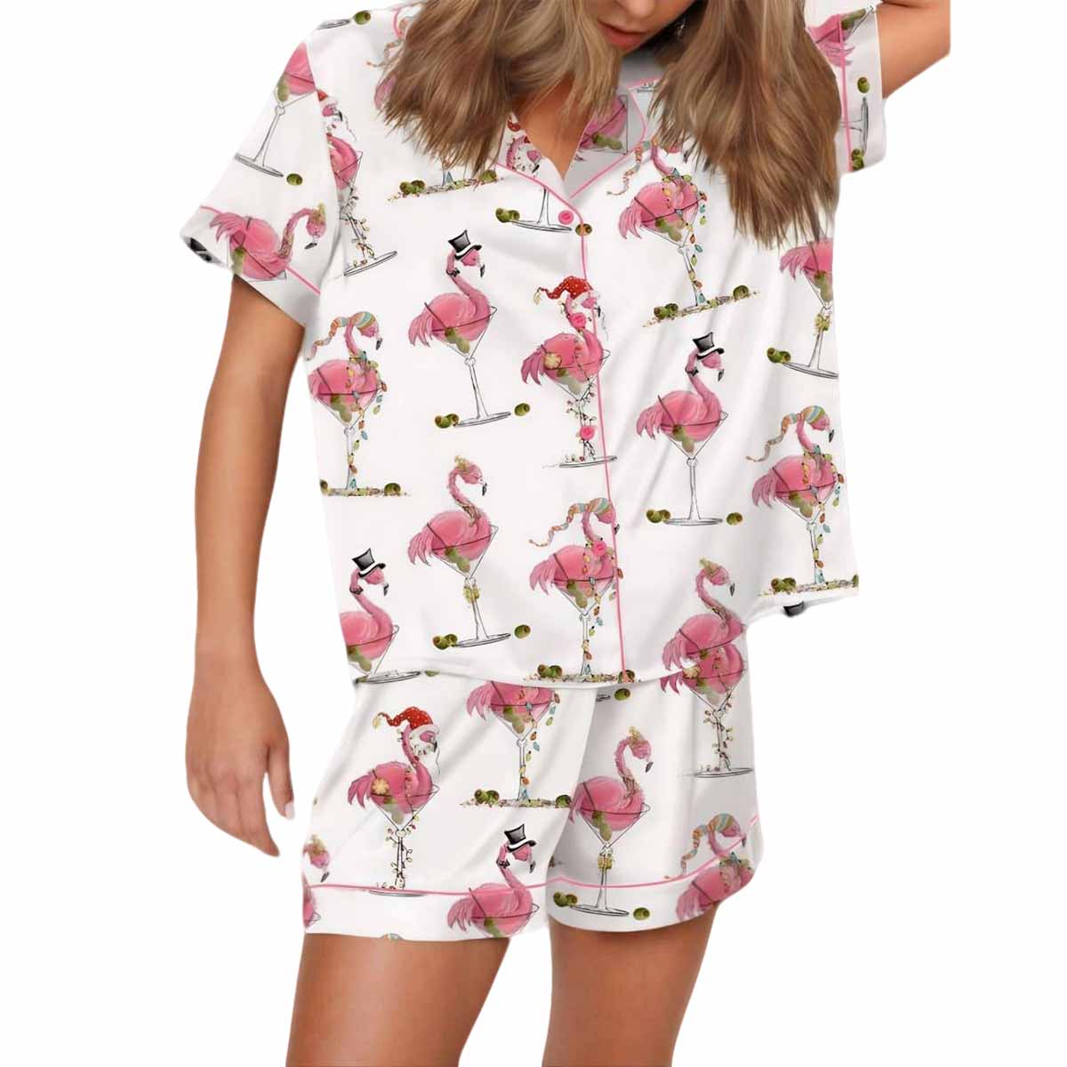 Christmas Flamingo Martini Satin Pajama Set Christmas Flamingo Martini Satin Pajama Set