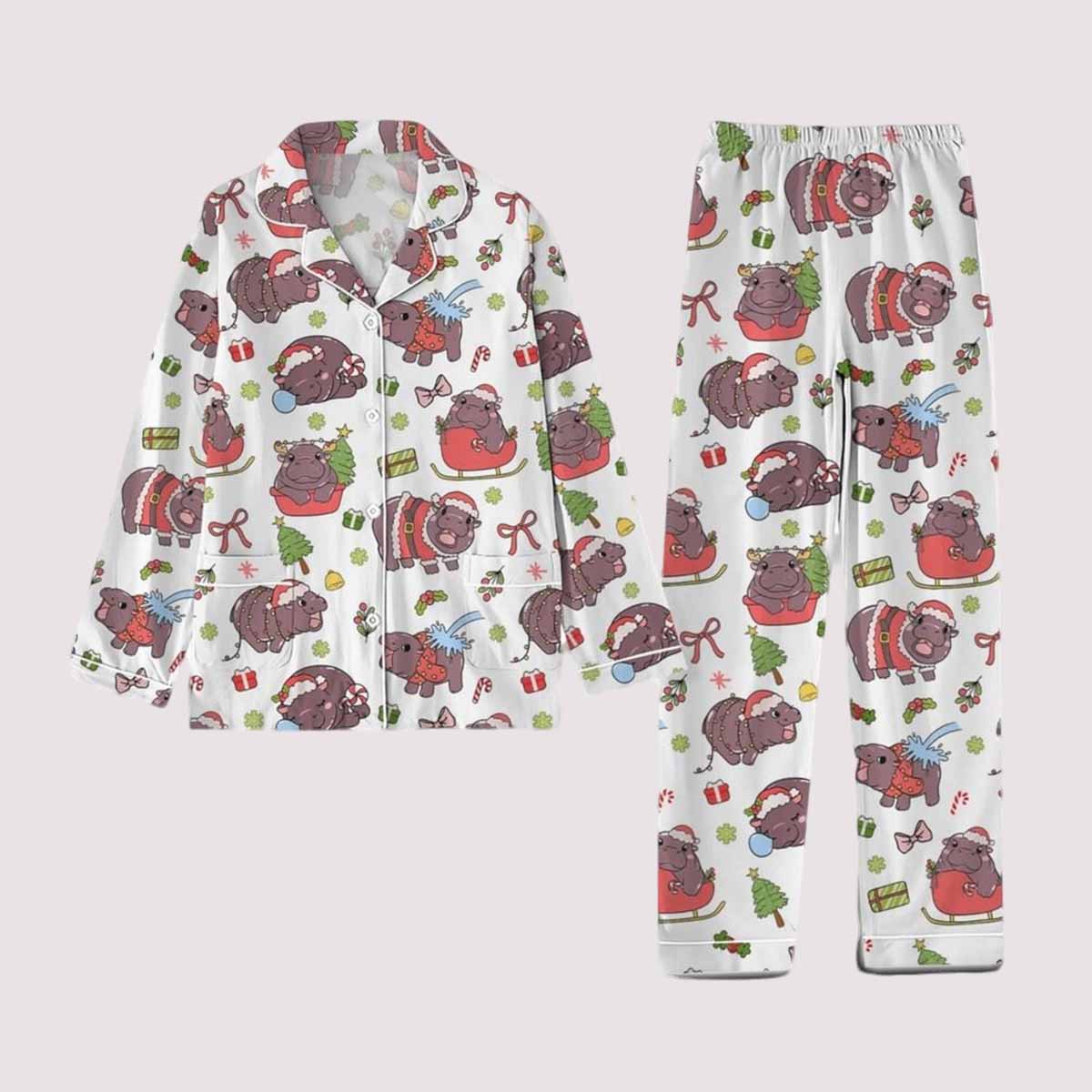 Christmas Hippo Moo Deng Pajama Set Christmas Hippo Moo Deng Pajama Set