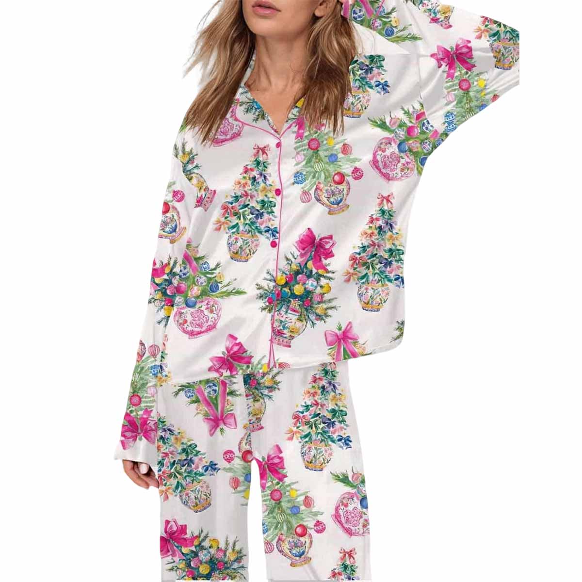 Coquette Christmas Chinoiserie Tree Satin Pajama Set Coquette Christmas Chinoiserie Tree Satin Pajama Set
