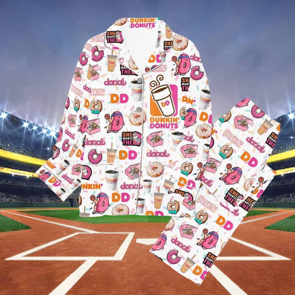 Dunkin Donuts Button Down Pajamas Set Dunkin Donuts Button Down Pajamas Set