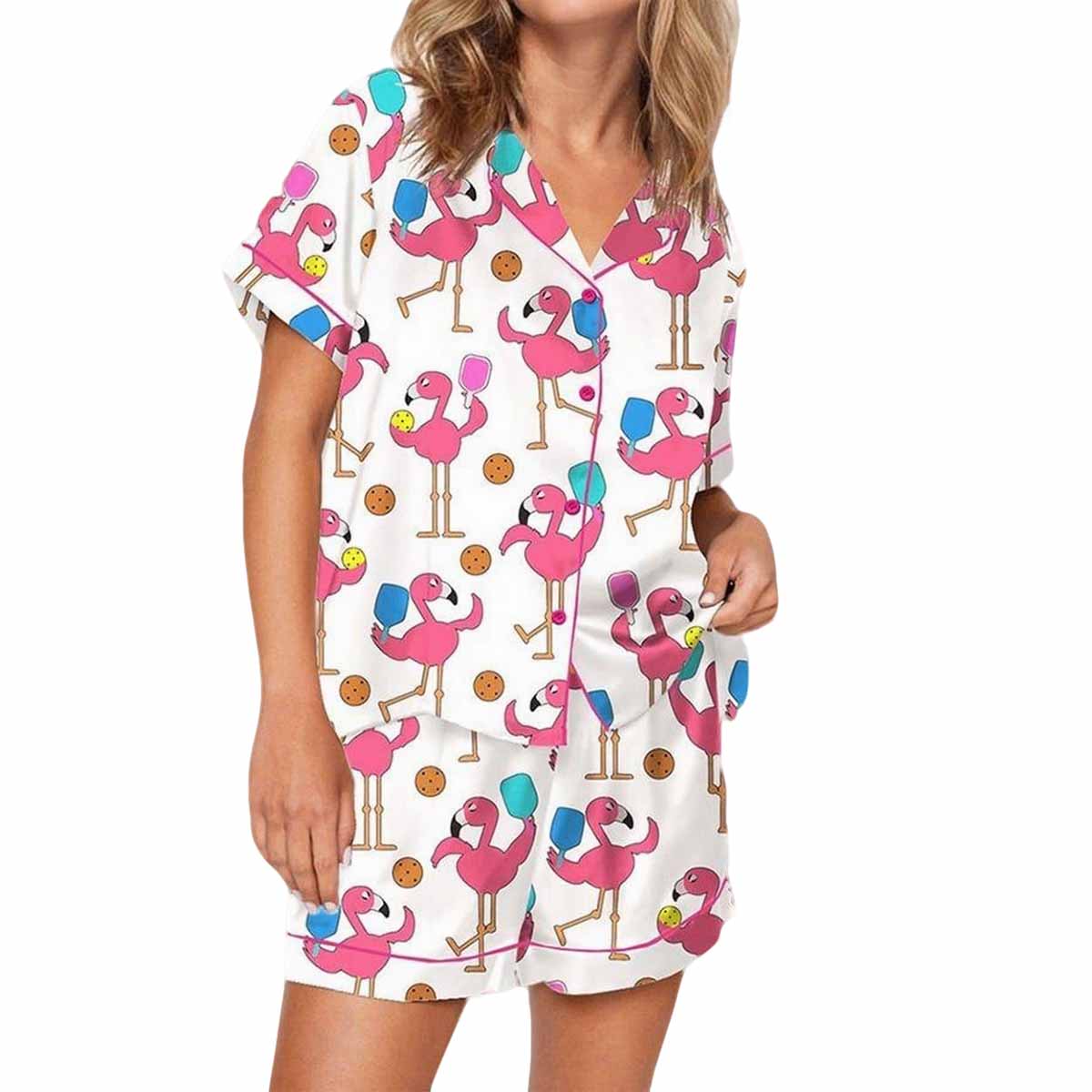 Funny Flamingo Pickleball Satin Pajama Set Funny Flamingo Pickleball Satin Pajama Set