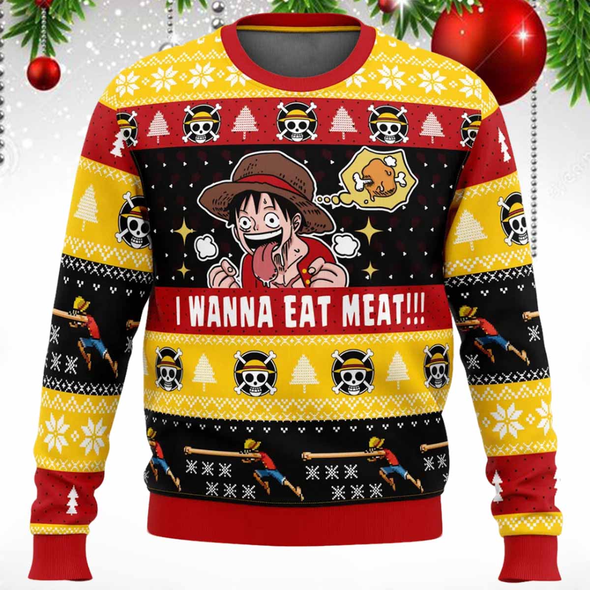 I Want To Eat Meat Luffy Ugly Christmas Sweater I Want To Eat Meat Luffy Ugly Christmas Sweater
