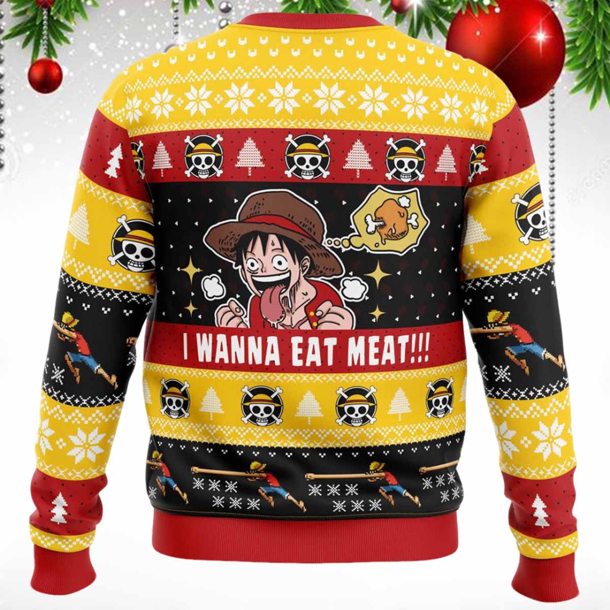 I Want To Eat Meat Luffy Ugly Christmas Sweater I Want To Eat Meat Luffy Ugly Christmas Sweater