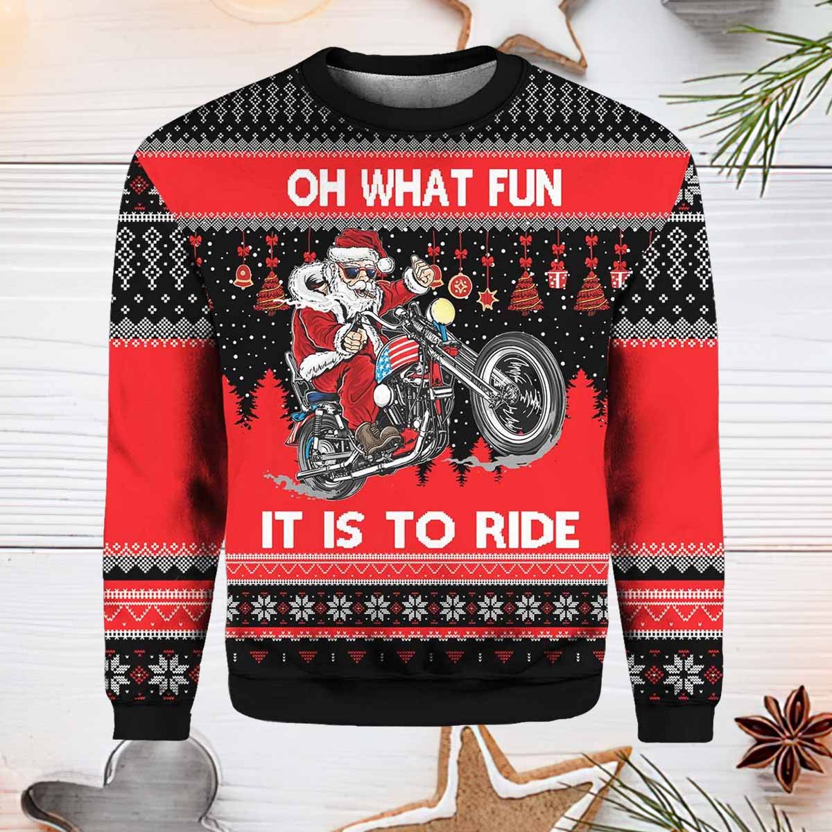 Santa Biker Oh What Fun It Is To Ride Ugly Christmas Sweater Santa Biker Oh What Fun It Is To Ride Ugly Christmas Sweater