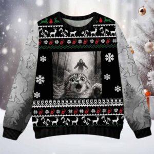 Surprised Scared Cat Selfie With Sasquatch Bigfoot Christmas Ugly Sweater