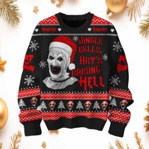 Terrifier Santa The Clown Jingle Bells Art’s Raising Hell Ugly Christmas Sweater