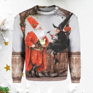 Vintage Christmas Santa And Witch Casual Printed Sweater