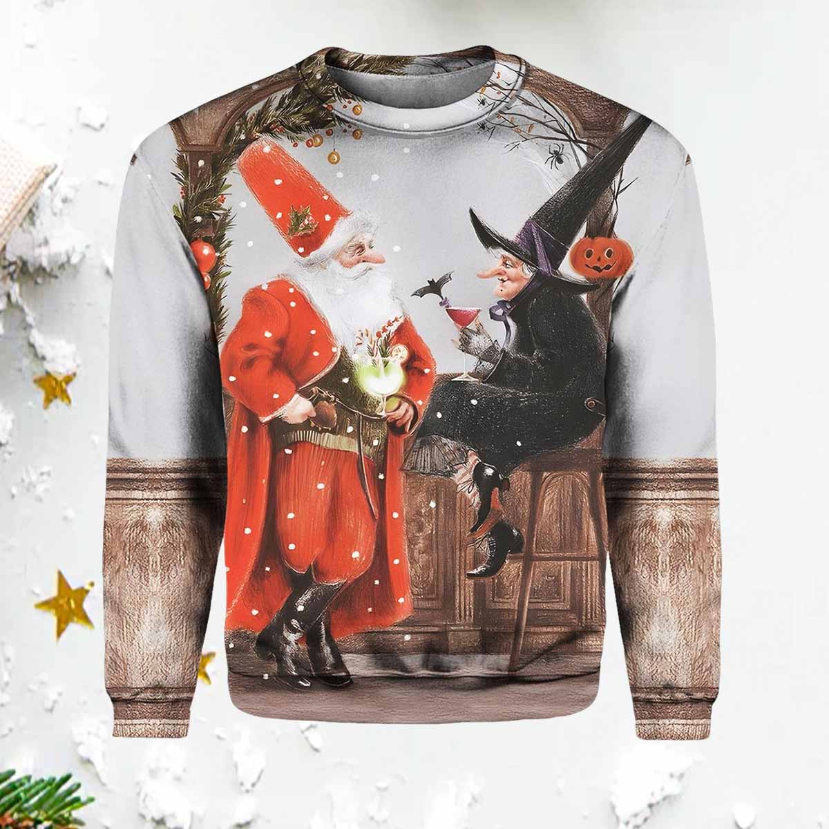 Vintage Christmas Santa And Witch Casual Printed Sweater Vintage Christmas Santa And Witch Casual Printed Sweater